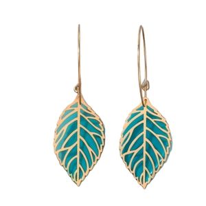 Gold and Teal Enamel Leaf Earrings